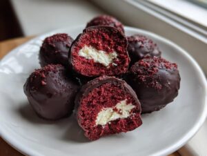 Several rich red velvet cake balls dipped in dark chocolate, one cut open to show the cream cheese filling.