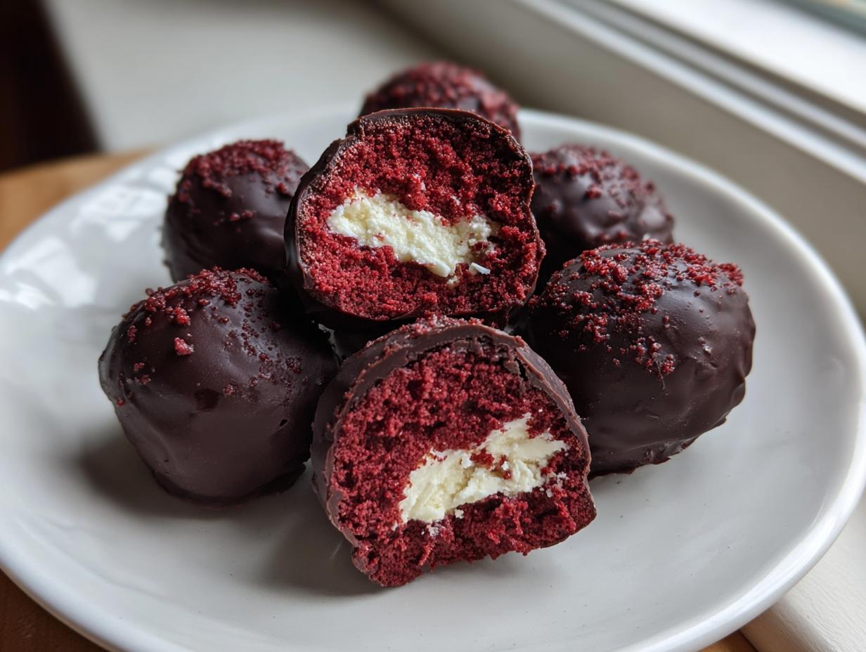 Several rich red velvet cake balls dipped in dark chocolate, one cut open to show the cream cheese filling.