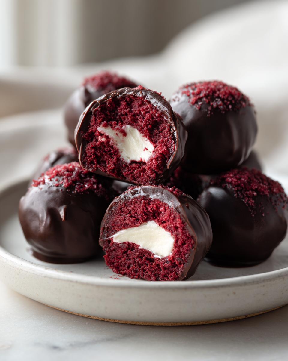 A stack of chocolate-dipped red velvet cake balls, one cut open to show the white cream cheese filling.