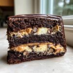 Close-up of a decadent slice of reeses peanut butter cup earthquake cake showing dark chocolate layers and peanut butter filling.