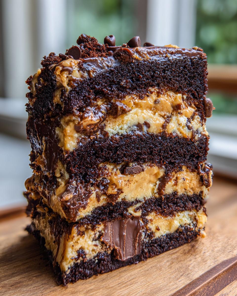 A tall, decadent slice of reeses peanut butter cup earthquake cake showing three layers of dark chocolate cake and peanut butter filling.