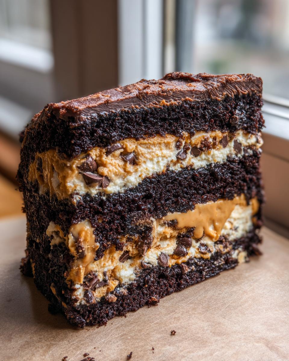 A tall slice of reeses peanut butter cup earthquake cake showing dark chocolate layers and peanut butter filling with chocolate chips.