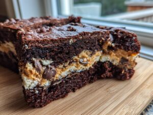 Close-up of a rich, fudgy slice of reeses peanut butter cup earthquake cake showing layers of chocolate cake, peanut butter filling, and chocolate chips.