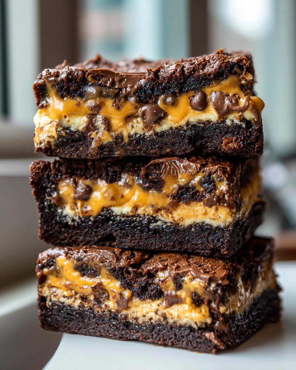Three decadent squares of reeses peanut butter cup earthquake cake stacked, showing rich chocolate layers and gooey peanut butter filling.