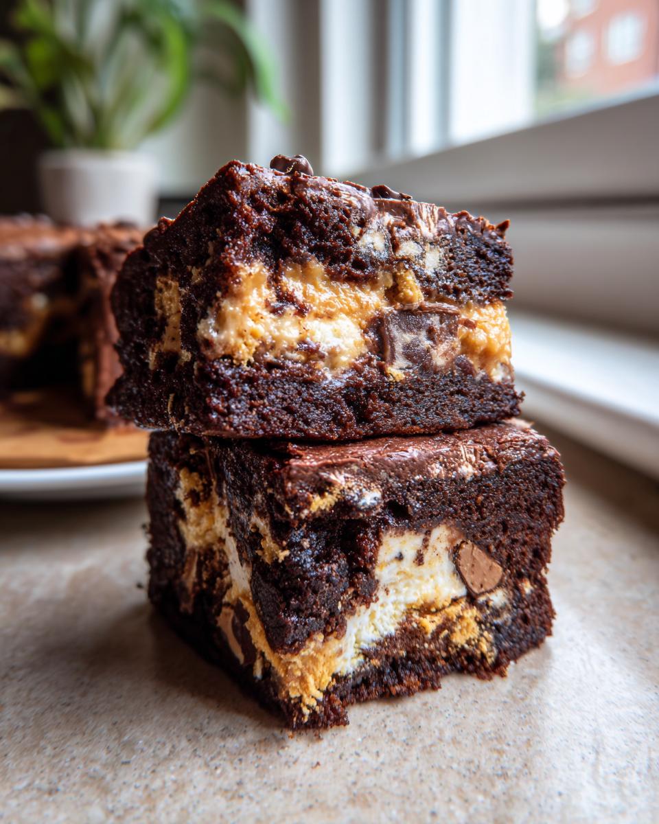 Two stacked squares of rich chocolate reeses peanut butter cup earthquake cake showing peanut butter and marshmallow filling.