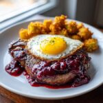 A perfectly cooked rib eyes cherries roast topped with a sunny-side-up egg and served with fried okra.