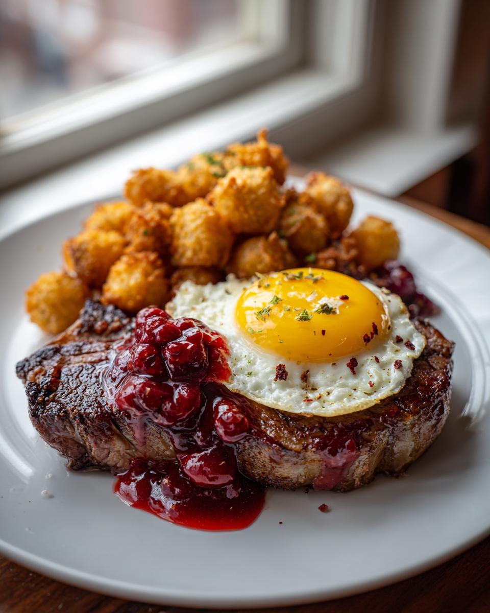 A plated rib eyes cherries roast topped with a sunny-side-up egg and served with fried okra-like tots.