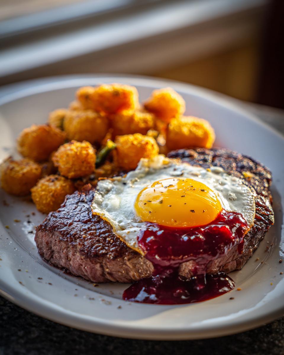 A grilled rib eyes cherries roast topped with a sunny-side-up egg and cherry sauce, served with fried okra balls.