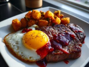 Close-up of a plate featuring rib eyes cherries roast, a sunny-side-up egg, and fried okra pieces.