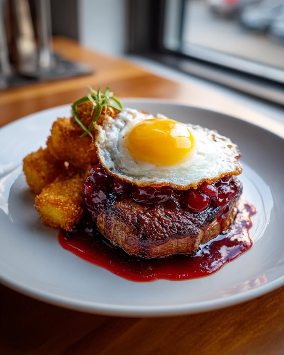 A perfectly cooked rib eyes cherries roast topped with a sunny-side-up egg and served next to fried okra.
