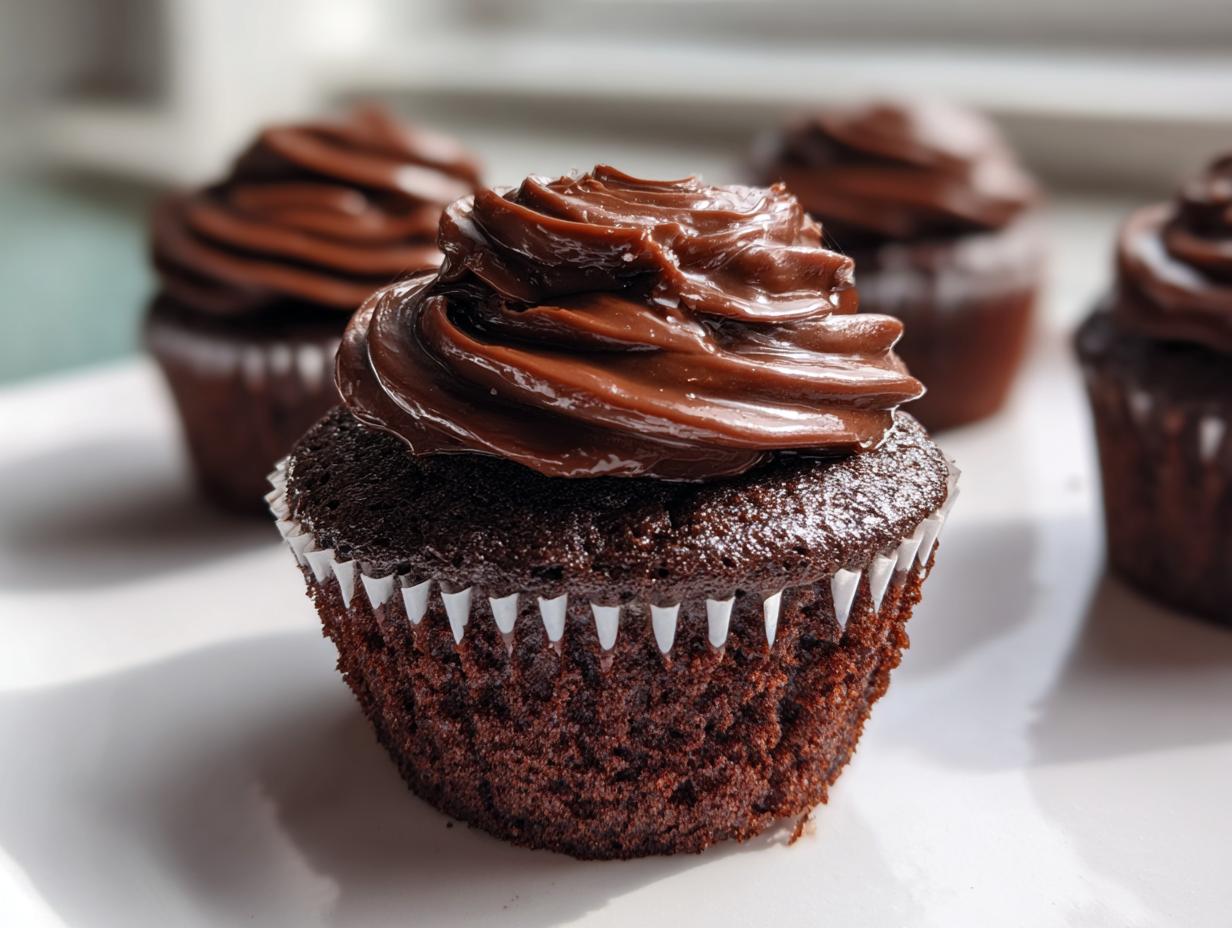 A close-up of a moist chocolate cupcake topped with glossy, swirled chocolate frosting, part of a batch of raspberry chocolate cupcakes.