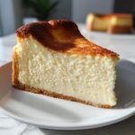 A close-up of a thick slice of creamy new york cheesecake with a graham cracker crust and a beautifully browned, slightly sunken top.