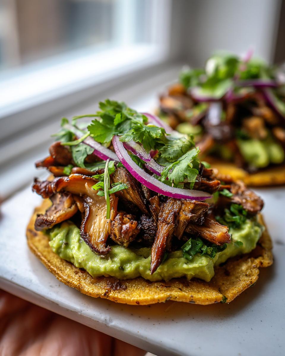 Close-up of one of the roasted mushroom tostadas topped with creamy avocado, red onion slices, and fresh cilantro.