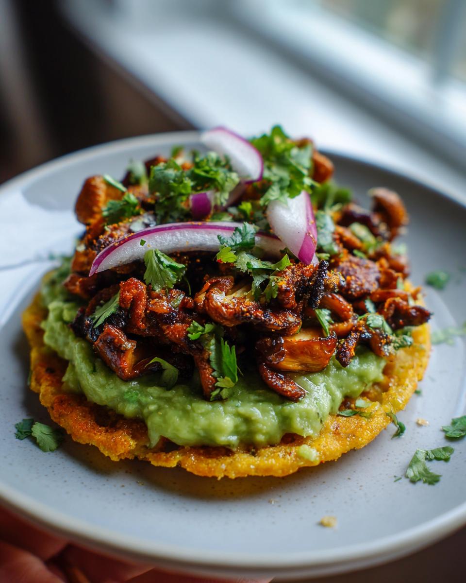 A close-up of a single roasted mushroom tostadas topped with creamy guacamole, seasoned mushrooms, red onion, and cilantro.