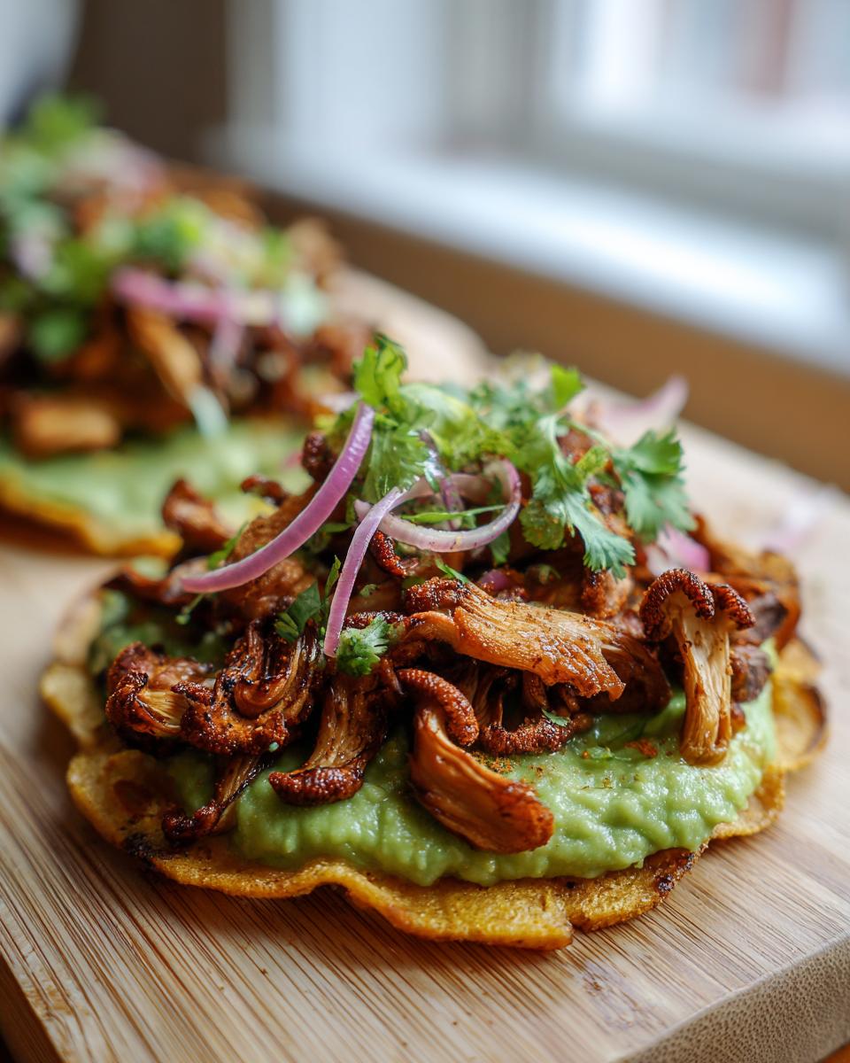 Close-up of a roasted mushroom tostada topped with creamy avocado spread, spiced mushrooms, red onion, and cilantro.