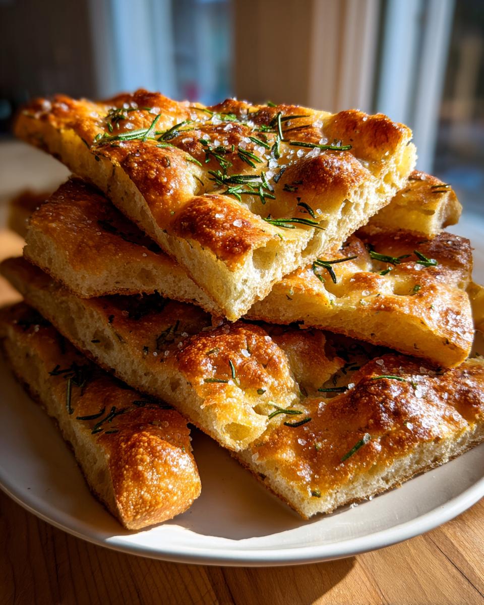 A stack of golden brown focaccia breadsticks topped with fresh rosemary and coarse sea salt.