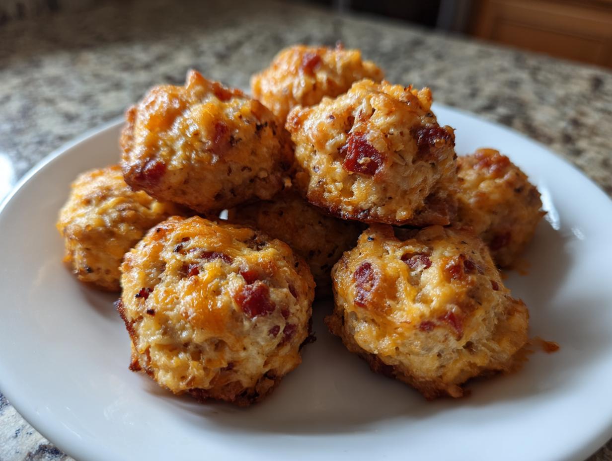 A pile of golden brown rotel cream cheese sausage balls with visible melted cheese and diced red peppers on a white plate.