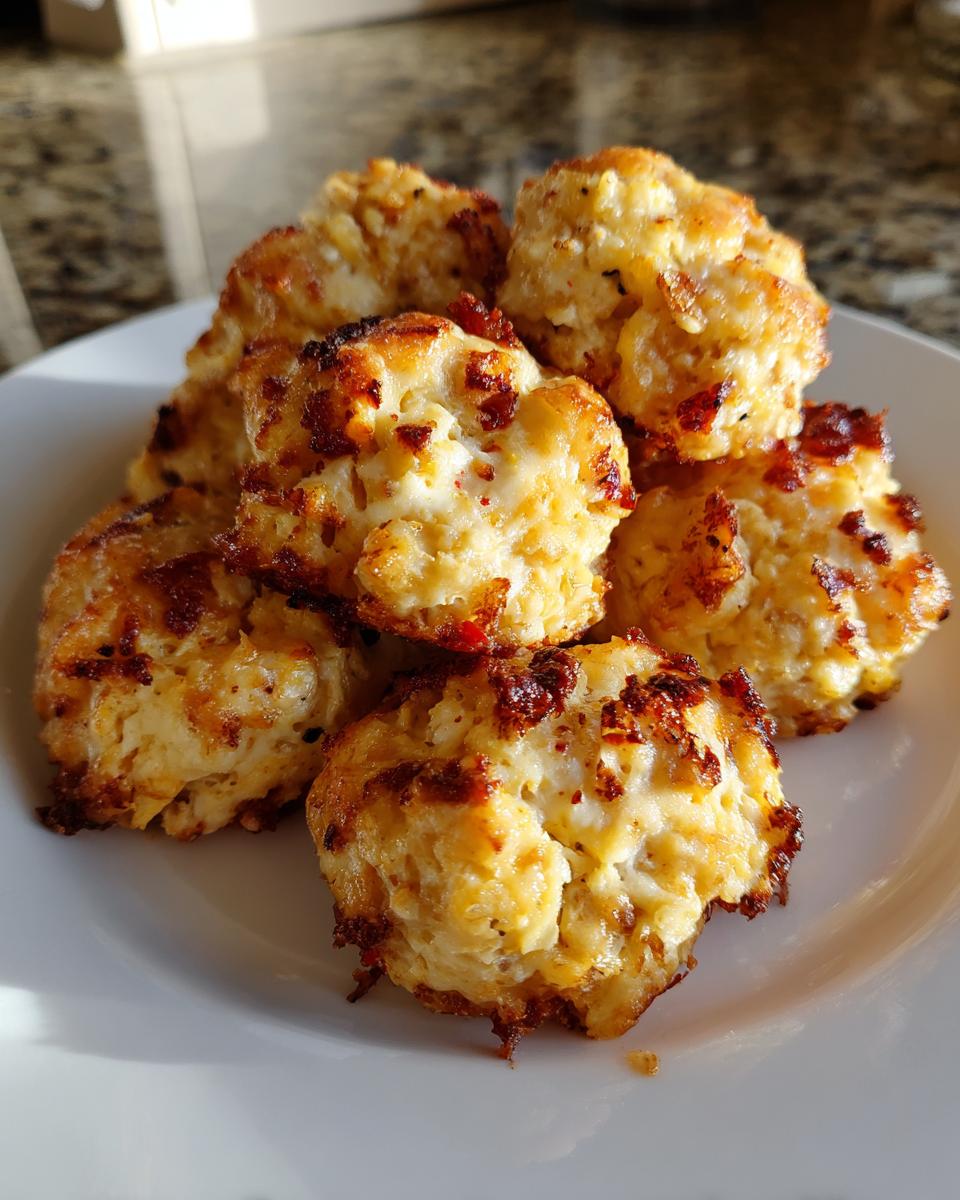 A pile of golden-brown rotel cream cheese sausage balls stacked on a white plate, showing crispy edges.