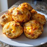 A pile of freshly baked rotel cream cheese sausage balls with melted, golden-brown cheese topping.