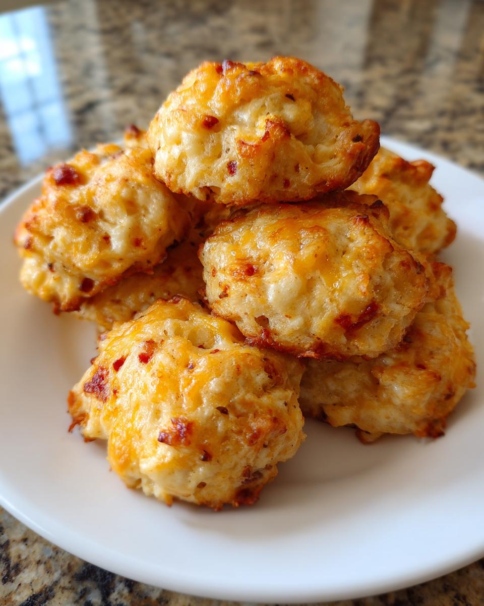 A stack of freshly baked rotel cream cheese sausage balls with melted orange cheese on a white plate.