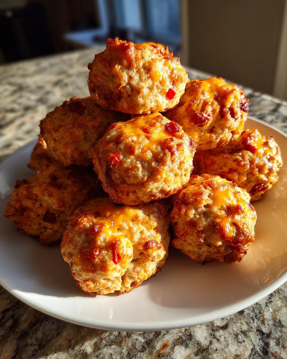 A warm stack of golden brown rotel cream cheese sausage balls topped with melted cheese and visible bits of red Rotel tomatoes.