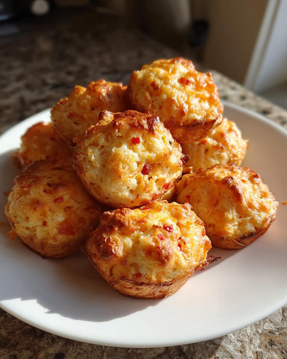 A stack of golden brown rotel cream cheese sausage balls with visible red pepper flakes on a white plate.