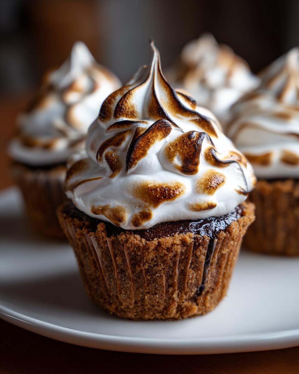 Close-up of a s’mores cupcakes featuring a graham cracker crust, chocolate filling, and toasted meringue topping.