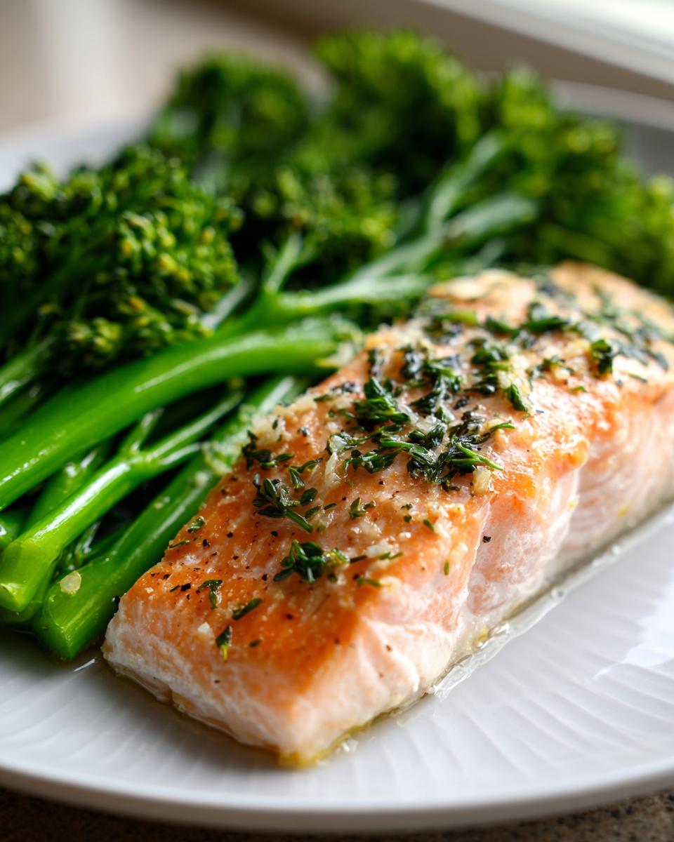 A close-up of a perfectly cooked salmon fillet topped with herbs next to bright green broccolini, ready for a salmon broccolini dinner.