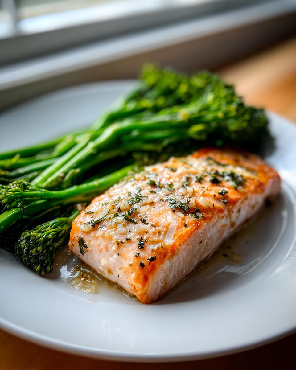 A close-up of a perfectly cooked salmon fillet topped with garlic and herbs, served alongside bright green broccolini for a healthy salmon broccolini dinner.