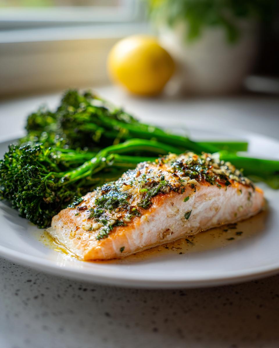 Close-up of a flaky, herb-crusted salmon fillet served next to bright green broccolini for a healthy salmon broccolini dinner.