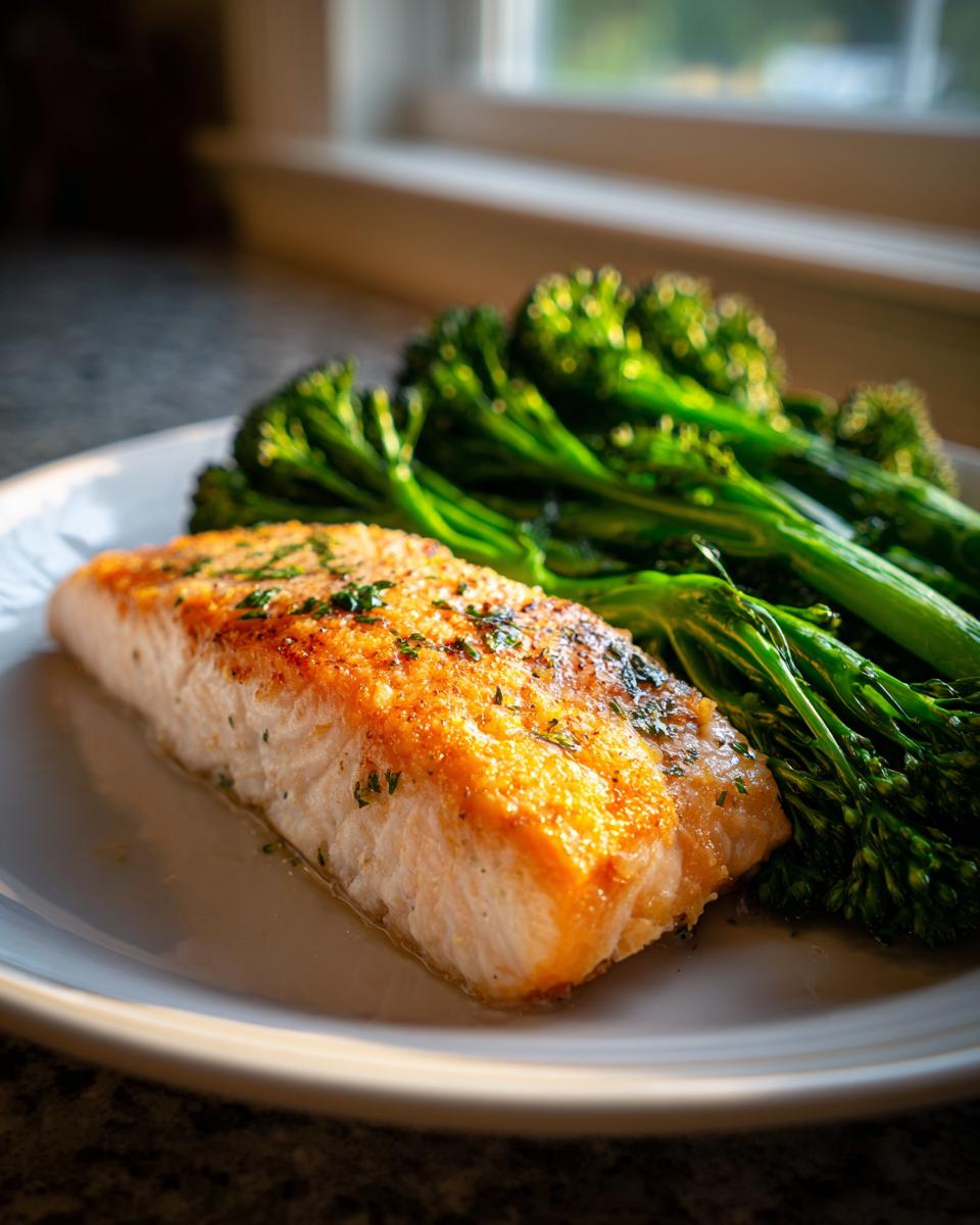 A close-up of a perfectly seared salmon fillet served alongside bright green broccolini, ready for a salmon broccolini dinner.