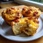 Three golden savory breakfast muffins, one broken open showing bacon and melted cheddar cheese inside.