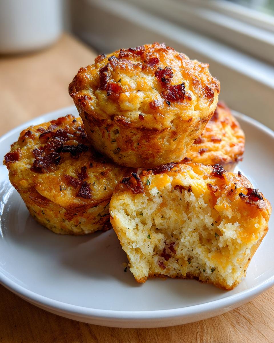 Four golden brown savory breakfast muffins, one bitten into, showing cheese and bacon bits inside.