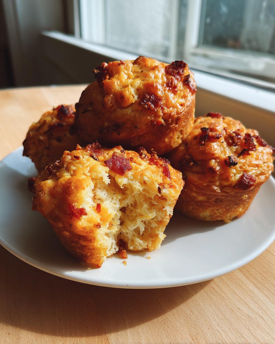 Four golden savory breakfast muffins topped with bacon bits, one is broken open showing the fluffy interior.