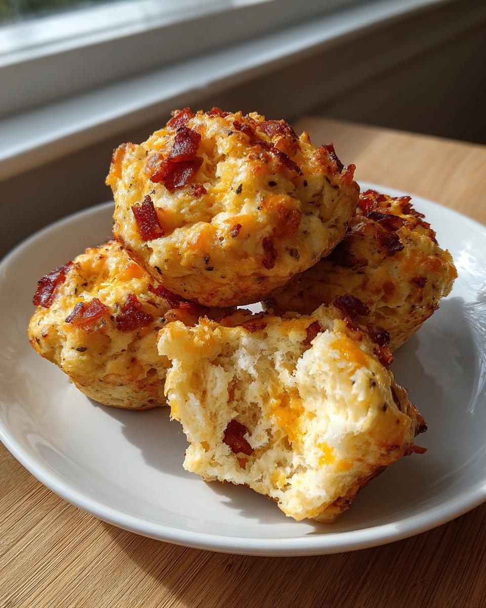 A stack of golden savory breakfast muffins topped with bacon bits, with one muffin broken open showing cheese inside.