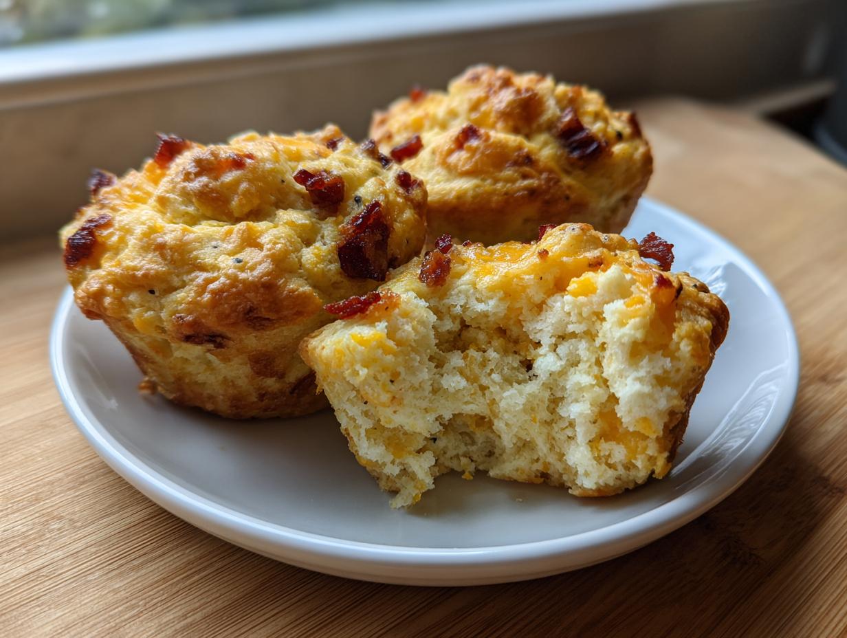 Three savory breakfast muffins, one broken open to show cheese and bacon texture, served on a white plate.