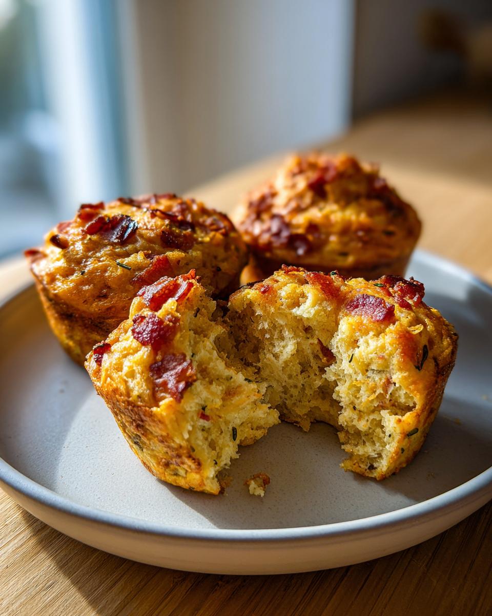Close-up of three savory breakfast muffins, one broken open to show the fluffy interior topped with crispy bacon bits.