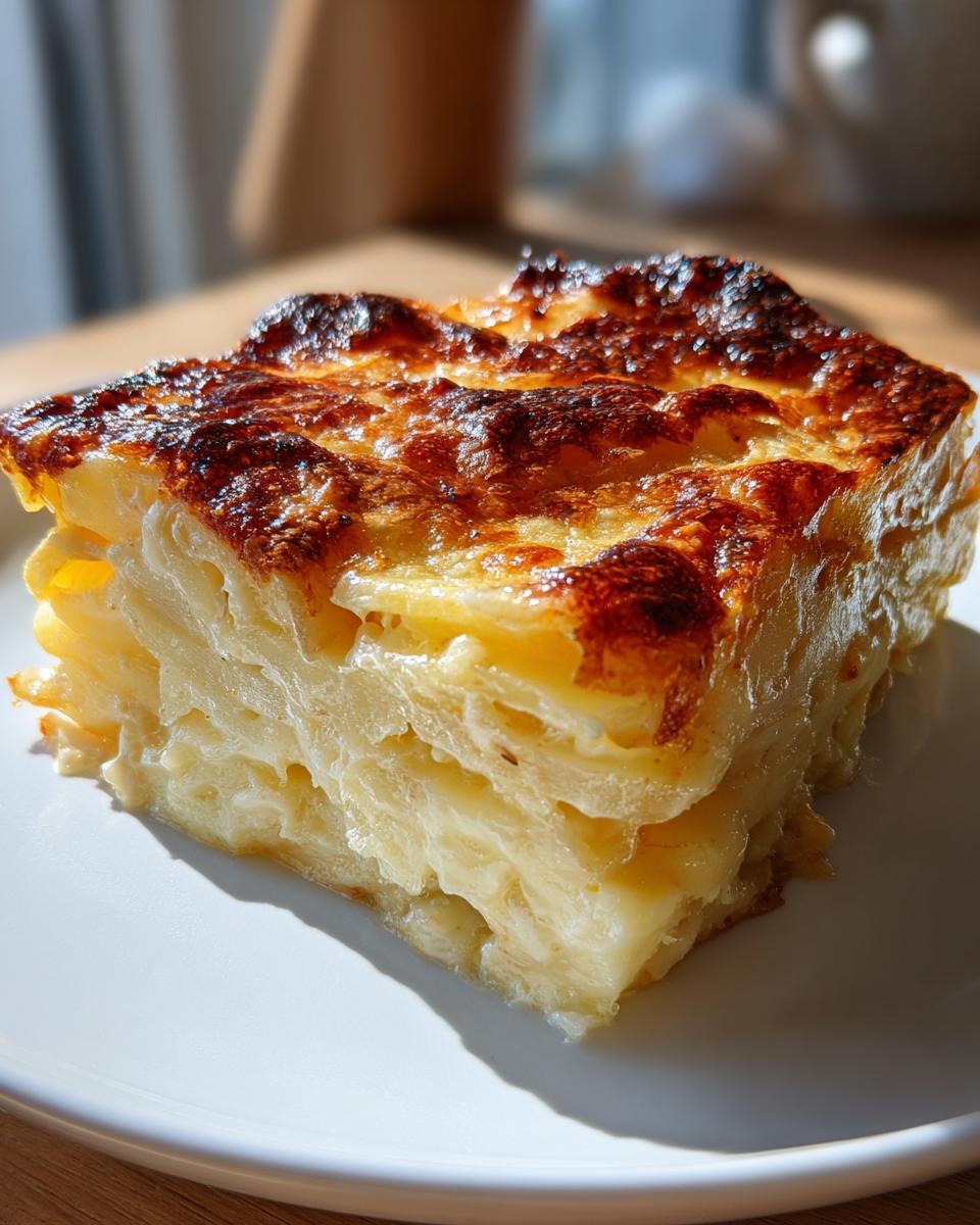 A square slice of creamy, layered scalloped potatoes with cheese, featuring a deeply browned, crispy top.