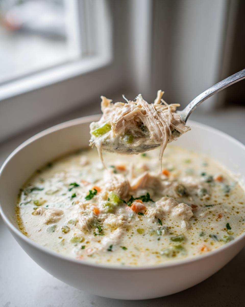 A spoonful of shredded chicken being lifted from a bowl of creamy keto white chicken chili garnished with herbs.