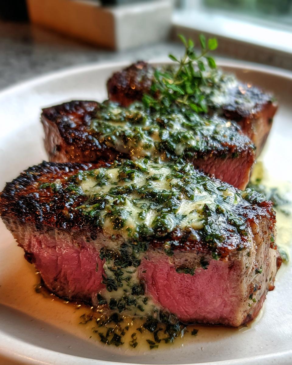 Close-up of three perfectly seared tuna steak portions, medium-rare inside, topped with melted herb butter.