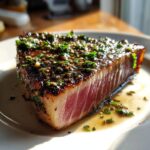 Close-up of a perfectly seared tuna steak, rare in the center, topped with a glistening herb and seed crust.