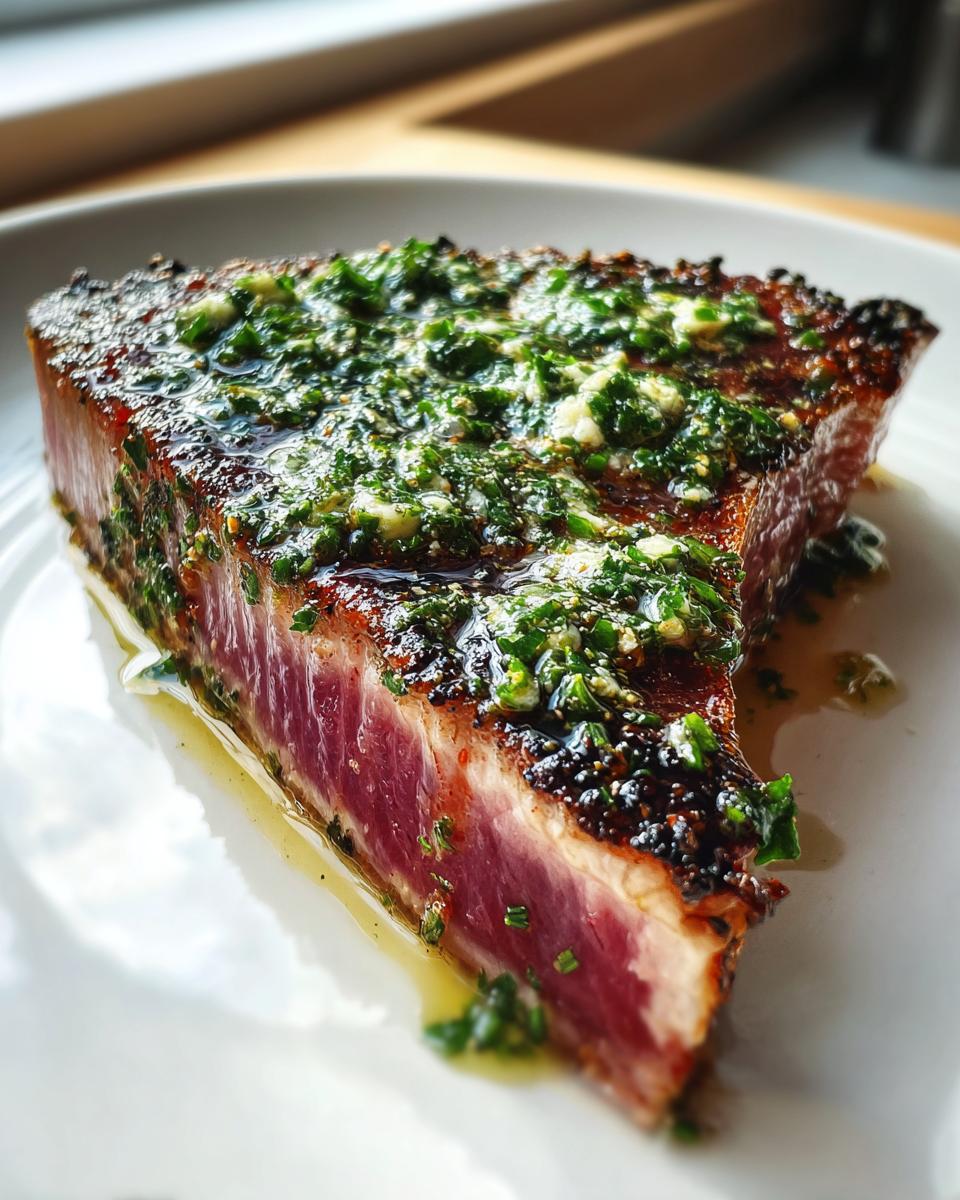 Close-up of a perfectly seared tuna steak, rare in the center, topped with a vibrant green herb and garlic sauce.
