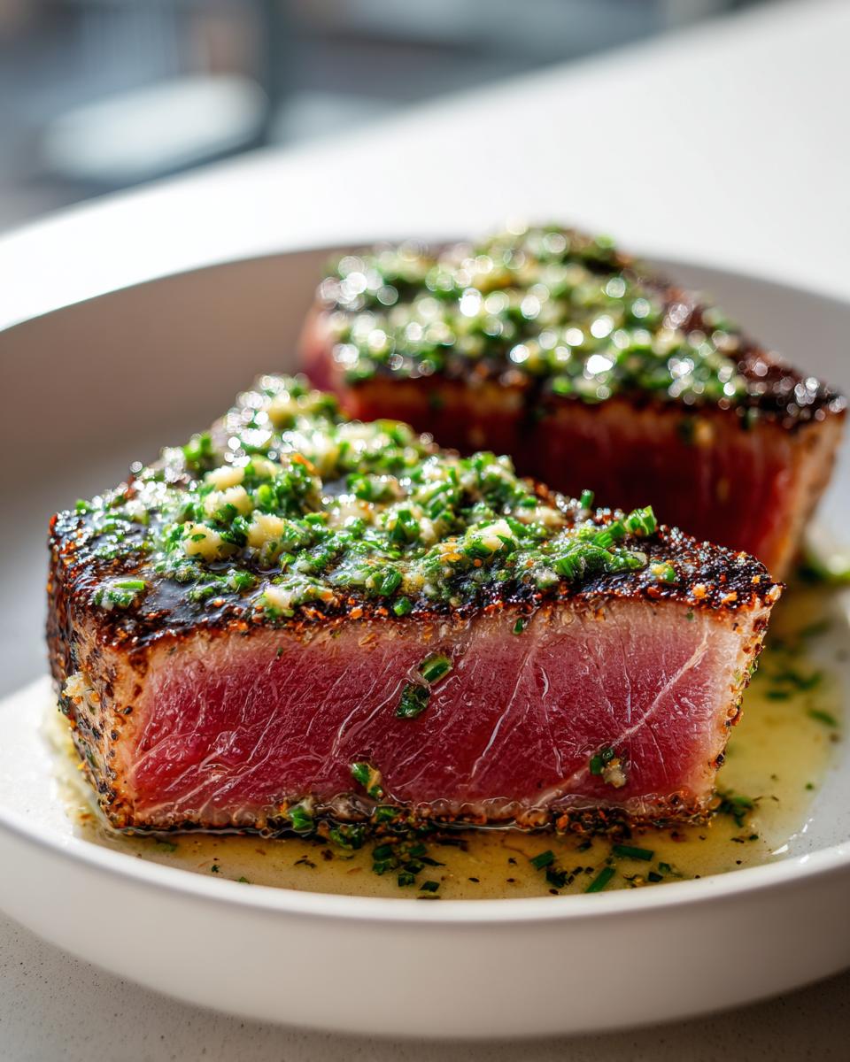 Close-up of a perfectly seared tuna steak, showing a rare, deep red center and topped with bright green herbs.