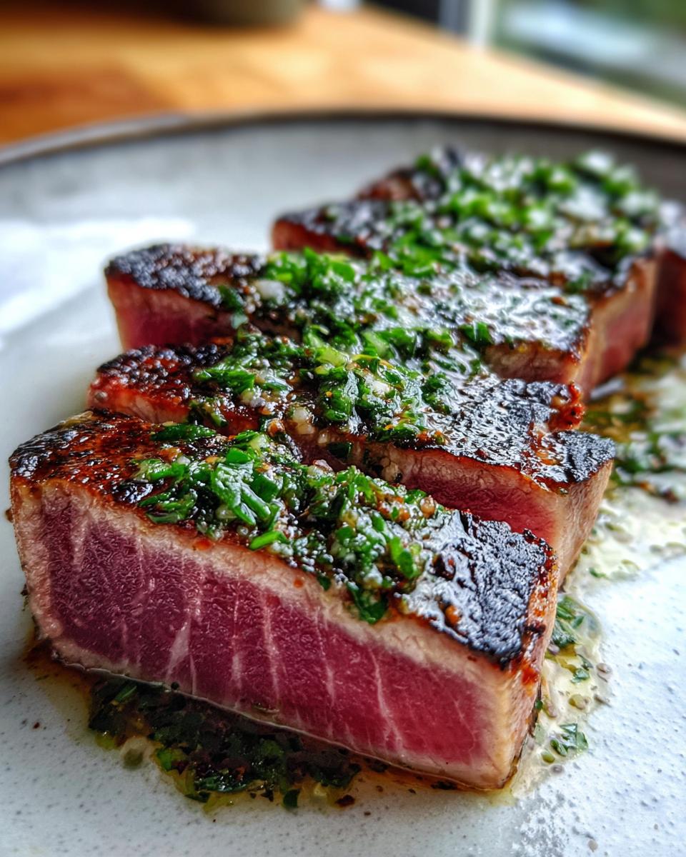 Close-up of perfectly seared, rare tuna steak slices topped with a vibrant green herb sauce.