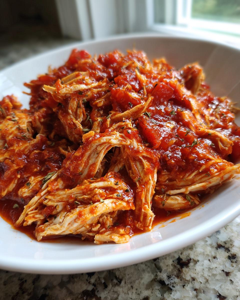 Close-up of shredded crockpot italian chicken coated in chunky, rich tomato sauce and herbs in a white bowl.