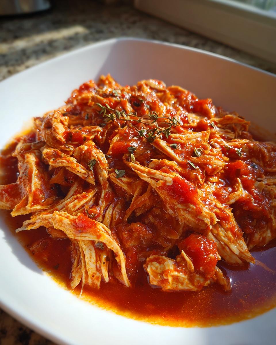 Close-up of shredded crockpot italian chicken coated in rich tomato sauce and garnished with fresh thyme.