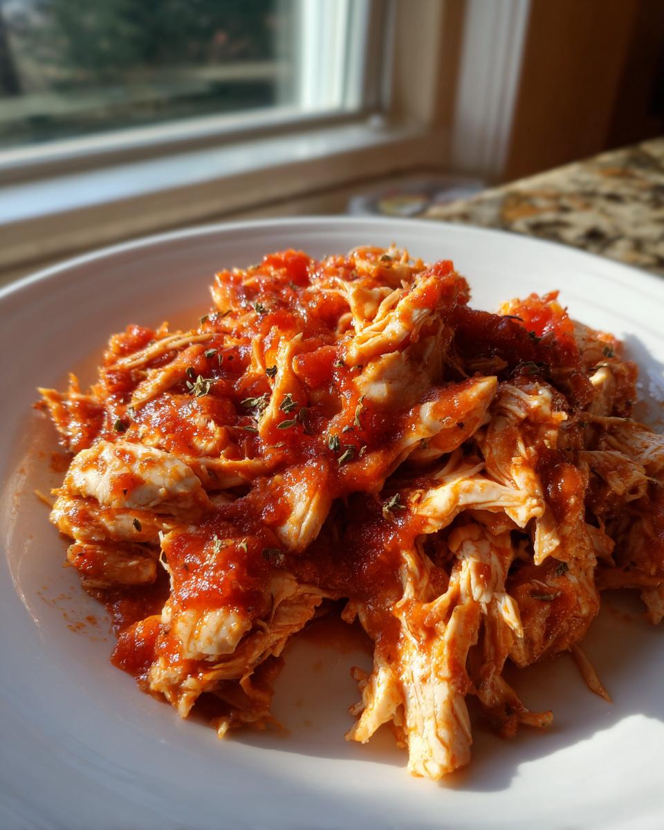 Close-up of shredded crockpot italian chicken topped with chunky tomato sauce and herbs on a white plate.