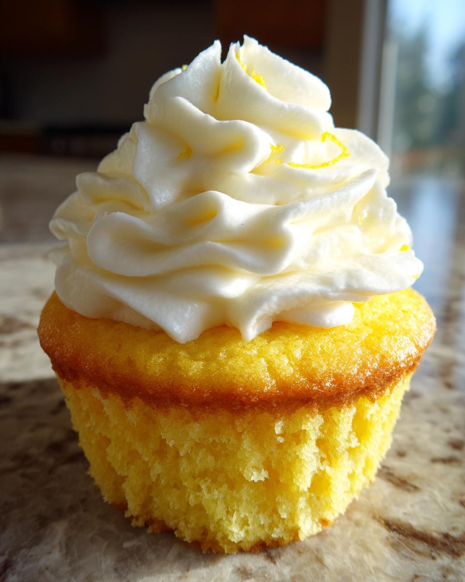 A bright yellow lemon cupcake topped with a swirl of white frosting and lemon zest.