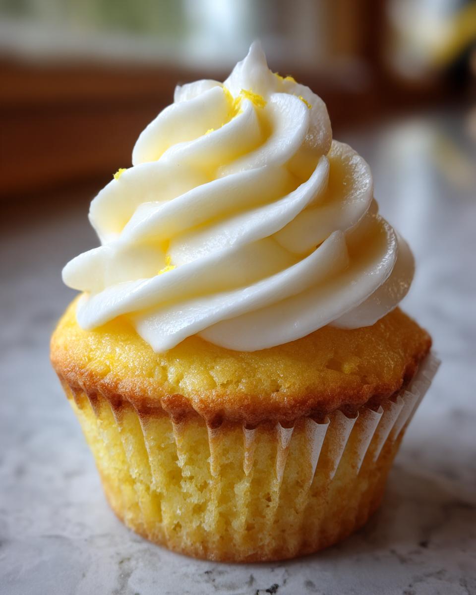 A single, bright yellow lemon cupcake topped with a swirl of white frosting and lemon zest.