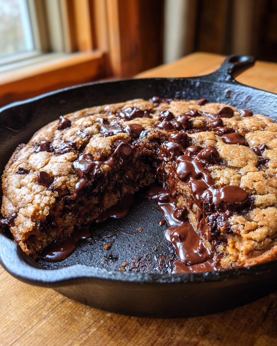 Close-up of a warm skillet tahini chocolate chip cookie with a piece removed, showing gooey, melted chocolate.
